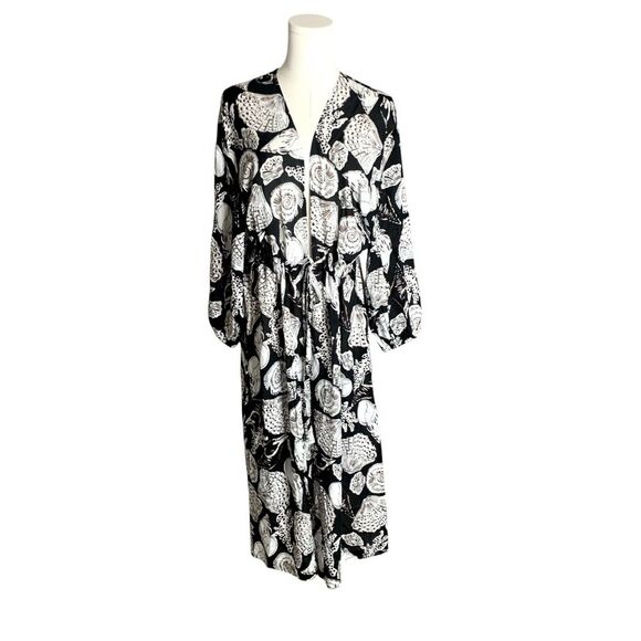 Loft Seashell Print Wrap Kimono Midi Women's Tie Front White Black Size M/L EUC - Picture 4 of 14